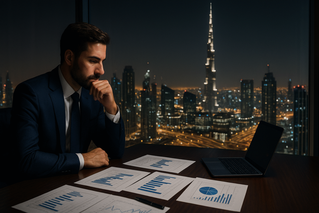 Investor's Reality Check: Late-Night Analysis Above Dubai's Skyline Businessman analyzing financial charts at night in a Dubai high-rise, overlooking Burj Khalifa, symbolizing precision in high-value investment decisions.